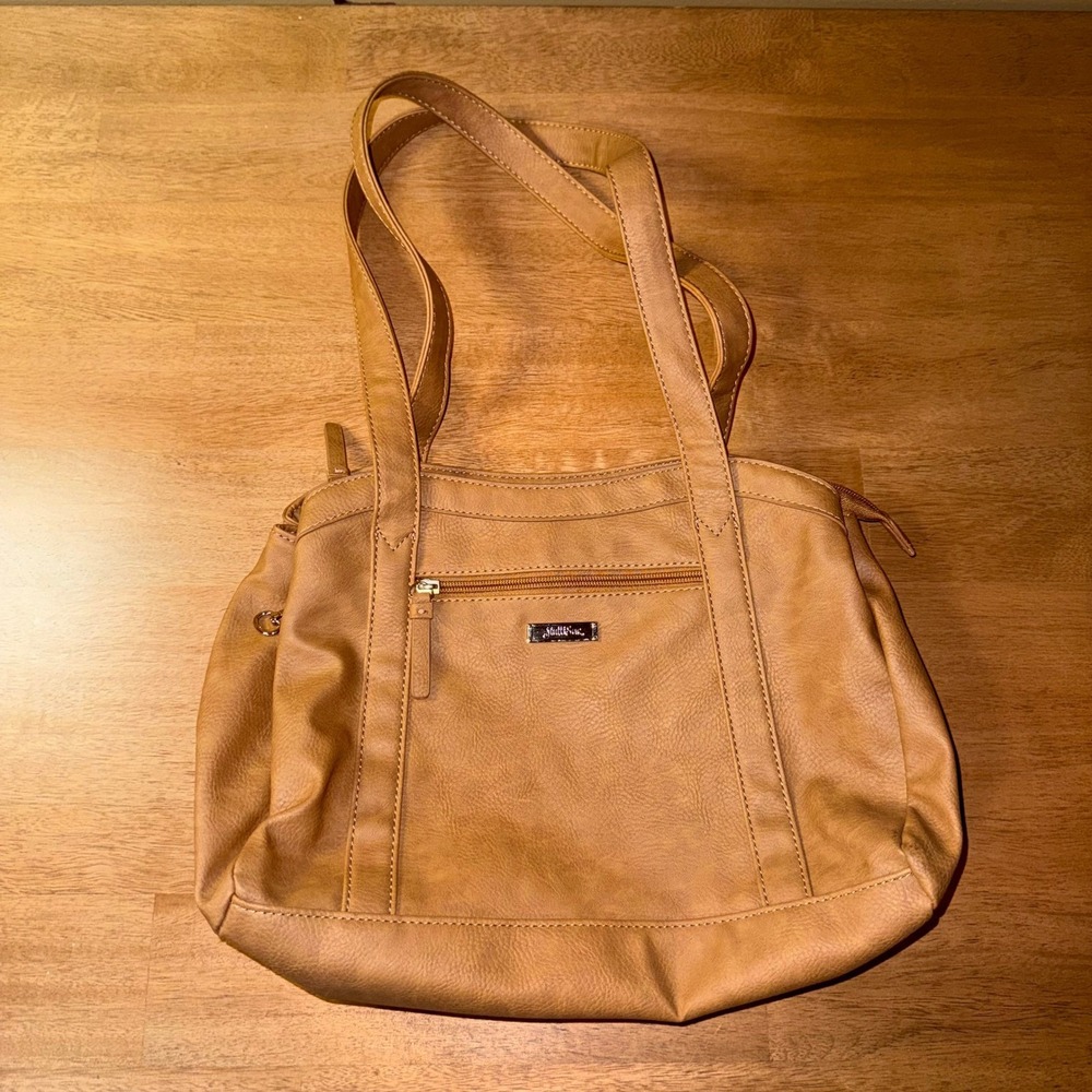 MultiSac Tan Brown Faux Leather Shoulder Bag Organized Tote Zip Top Handbag
